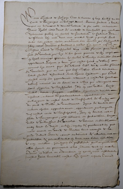 Clause du testament de la Comtesse Isabelle, qui charge son héritier Conrad de Fribourg de payer la somme de 2000 florins à Girard de Neuchâtel, 1395, copie du XVIIème siècle d'après l'écriture