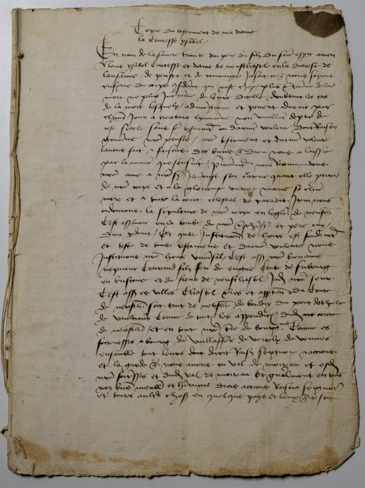 Testament de la Comtesse Isabelle, 1395, copie non vidimée du XVIème siècle d’après l’écriture